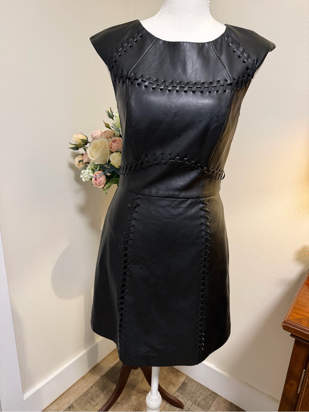 French Connection Black Faux Leather Mini Dress with Whipstitch Accents Biker
